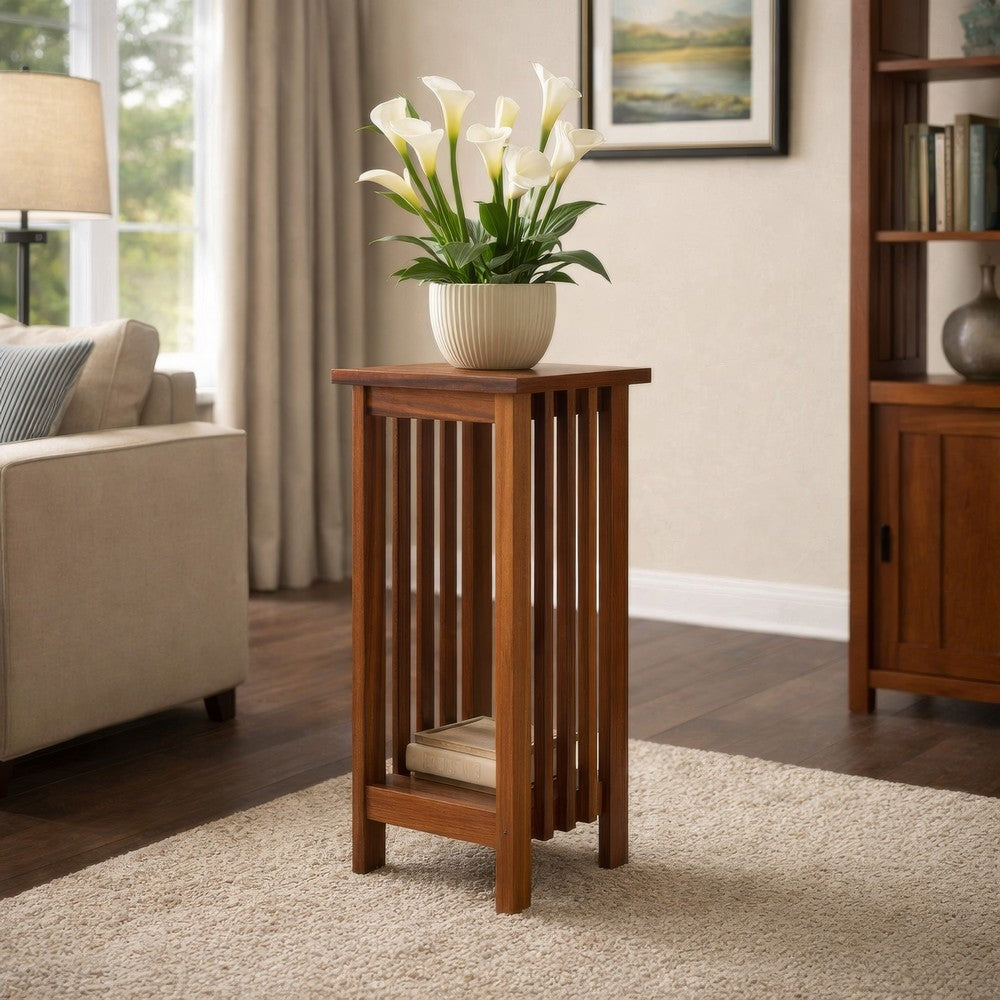 Flower Stand | Wood | 25" | Slatted Sides | Bottom Shelf | Brown