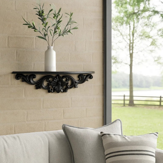 Wall Shelf | Hand Carved Moonbay | Floral Design | Black