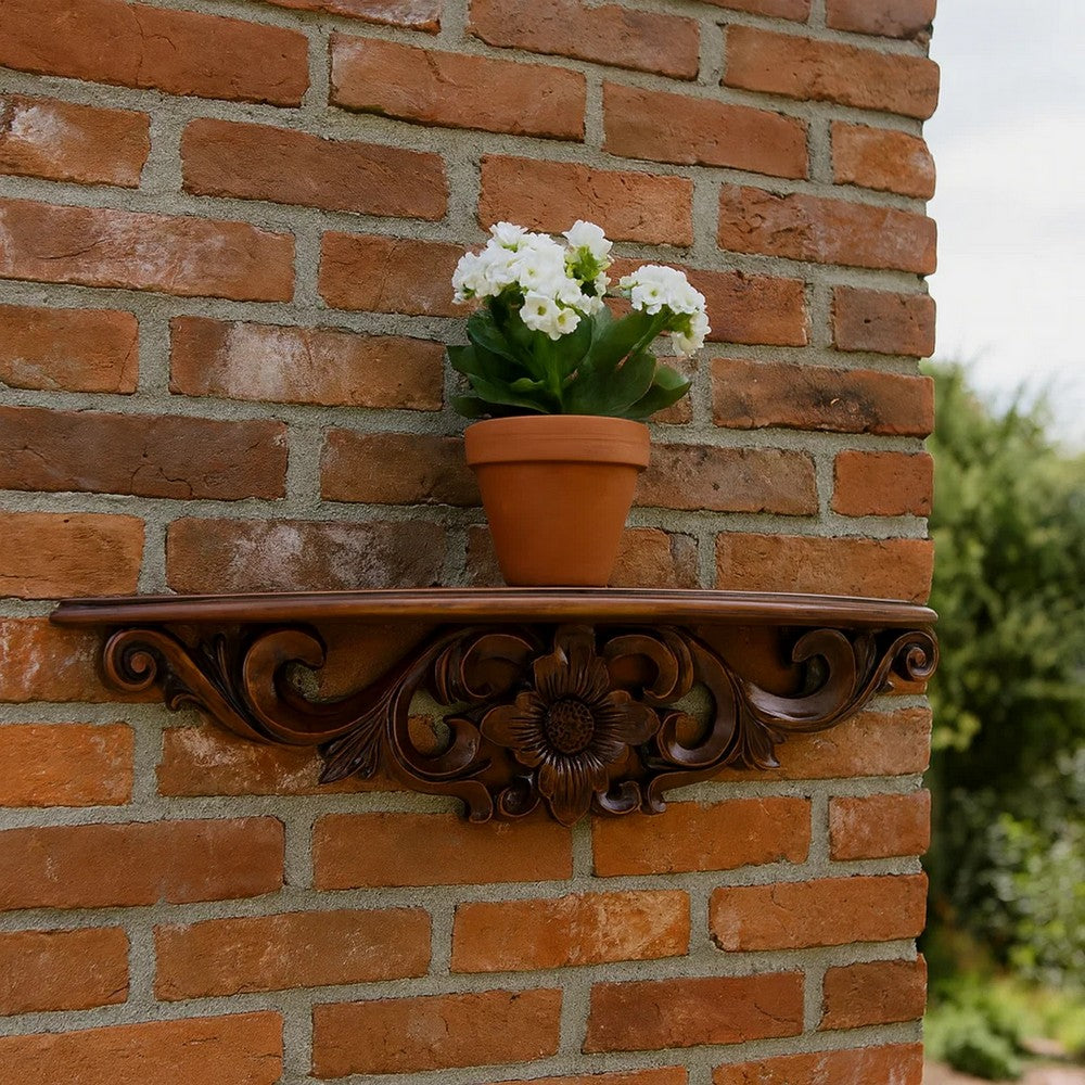 Wall Shelf | Hand Carved Moonbay | Floral Design | Brown