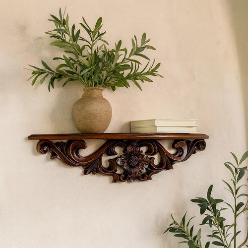 Wall Shelf | Hand Carved Moonbay | Floral Design | Brown