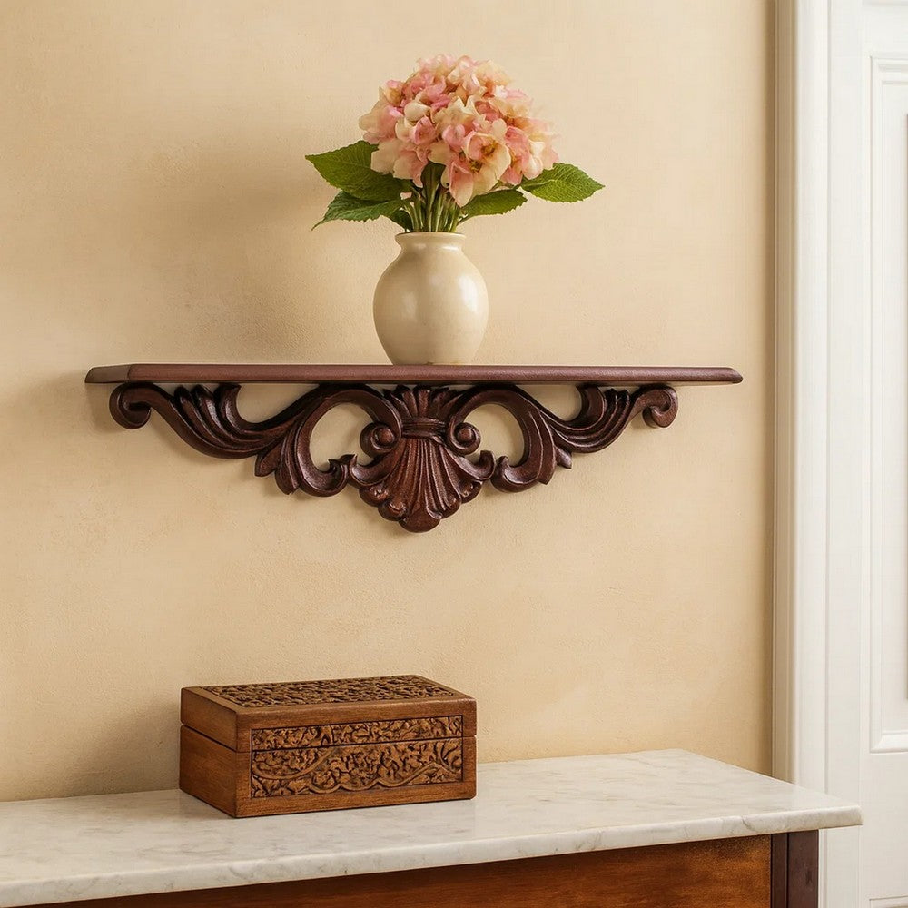 Wall Shelf | Hand Carved | Floral Design Display | Brown