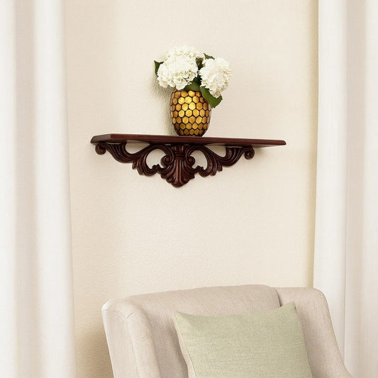 Wall Shelf | Hand Carved | Floral Design Display | Brown