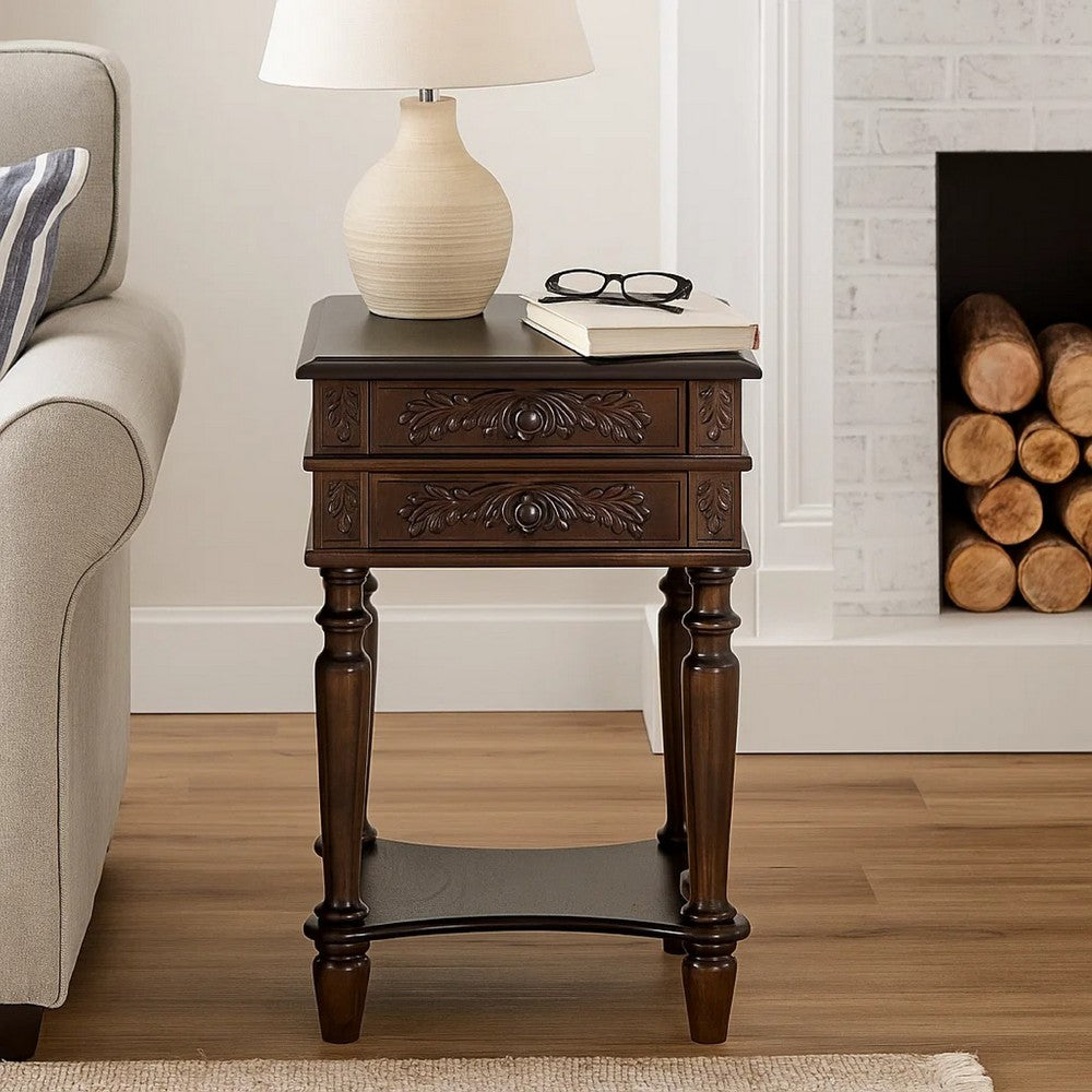 End Table | 2 Drawers | Intricate Carvings | Bottom Shelf | Brown