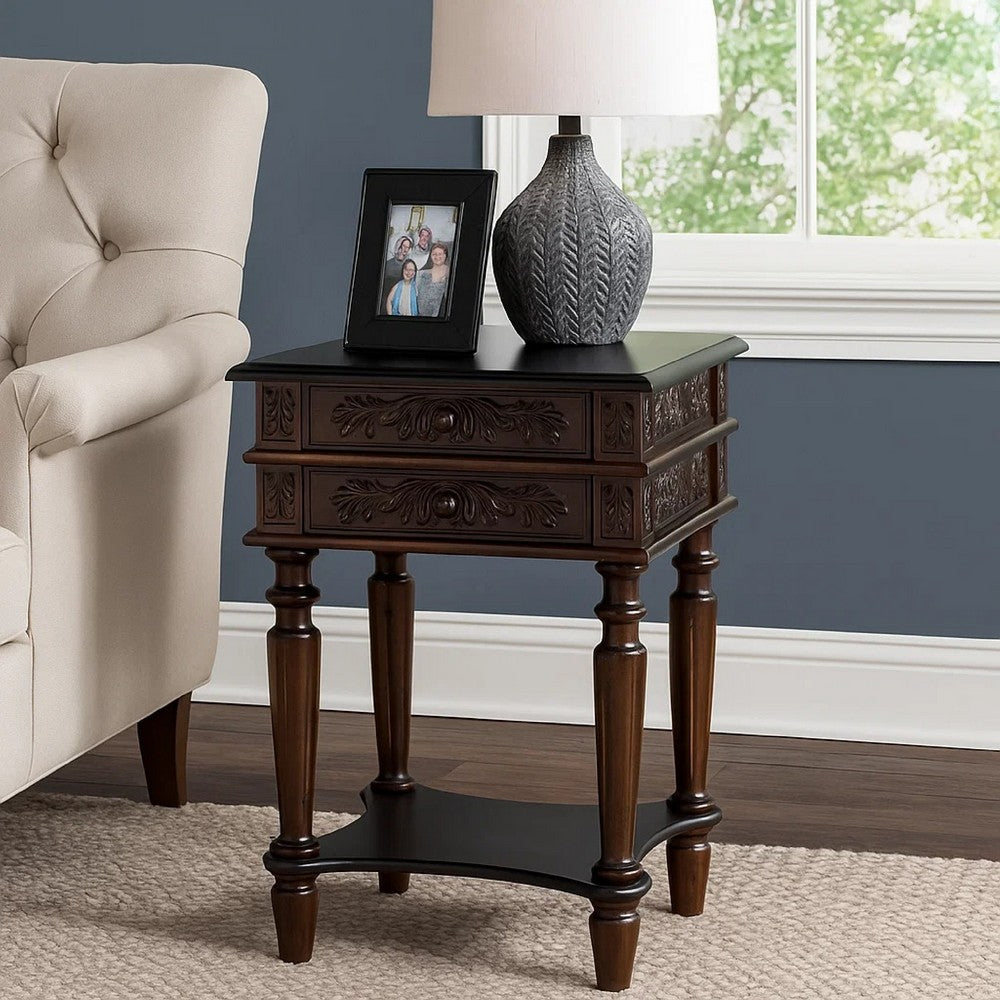 End Table | 2 Drawers | Intricate Carvings | Bottom Shelf | Brown