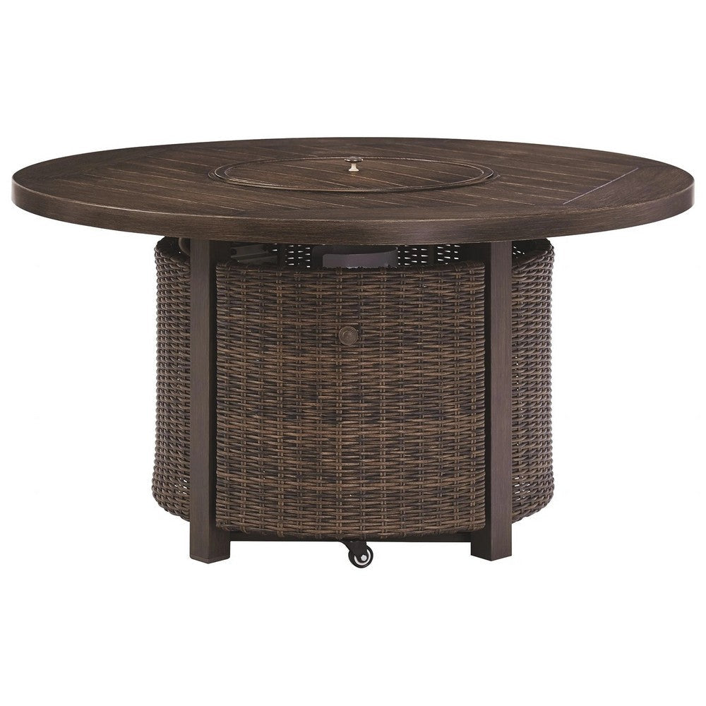 48 Inches Round Fire Pit Table with Handwoven Resin Wicker Brown By Casagear Home BM210647