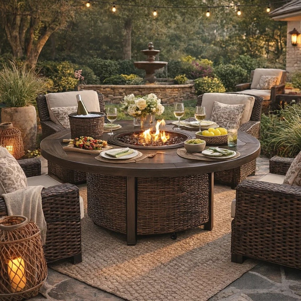 Fire Pit Table | 48" Round | Handwoven Resin Wicker | Brown