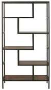 Ashley 5 Shelves Asymmetric Design Bookcase with Metal Frame, Brown and Black