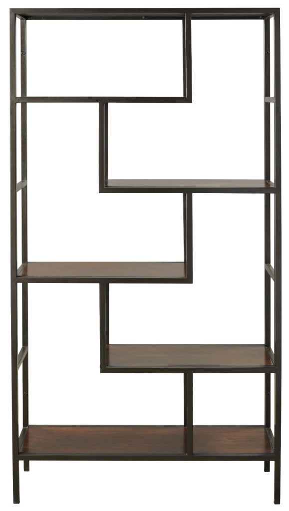 Ashley 5 Shelves Asymmetric Design Bookcase with Metal Frame, Brown and Black