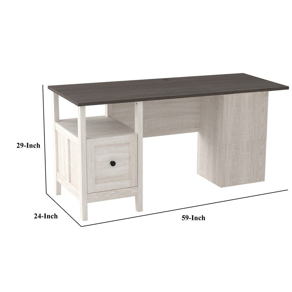 59 Inch Rectangular Home Office Wood Desk, File Drawer, Gray, White By Casagear Home
