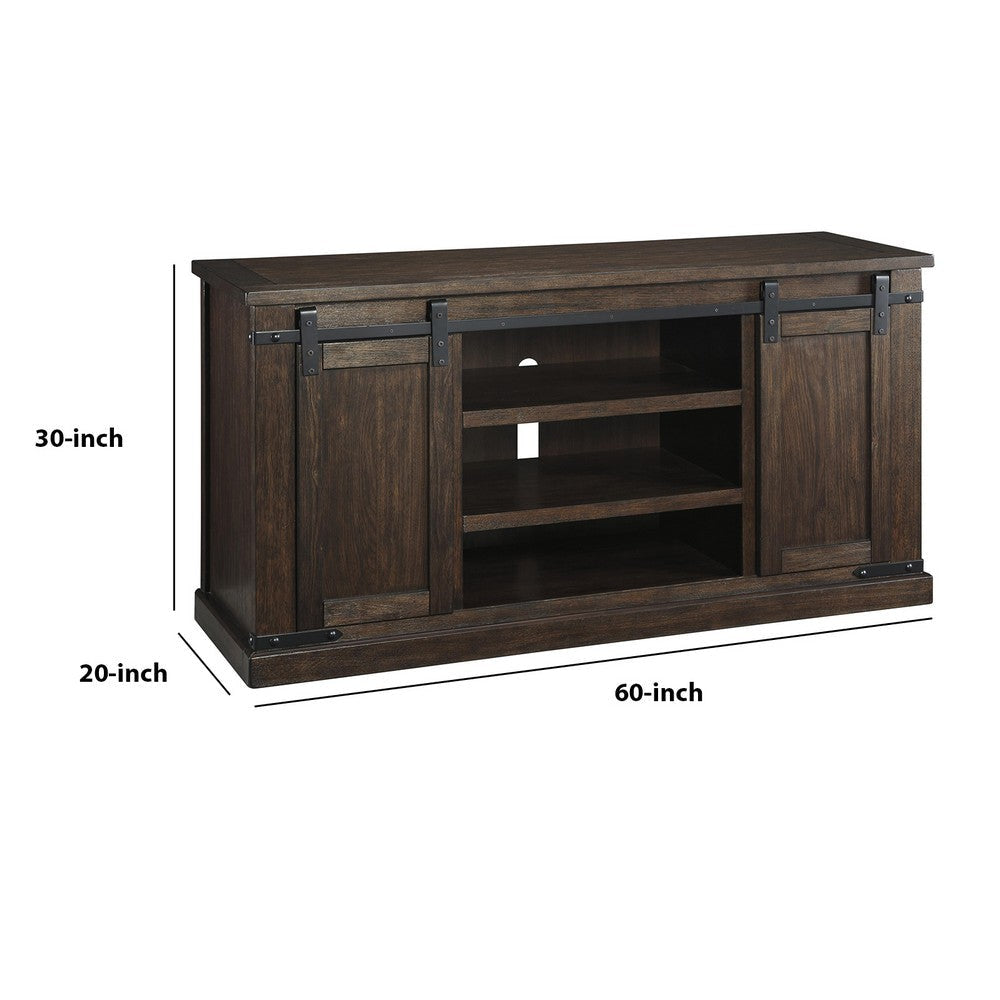 Large Wooden TV Stand with 2 Barn Sliding Doors and 6 Shelves Brown By Casagear Home BM210795