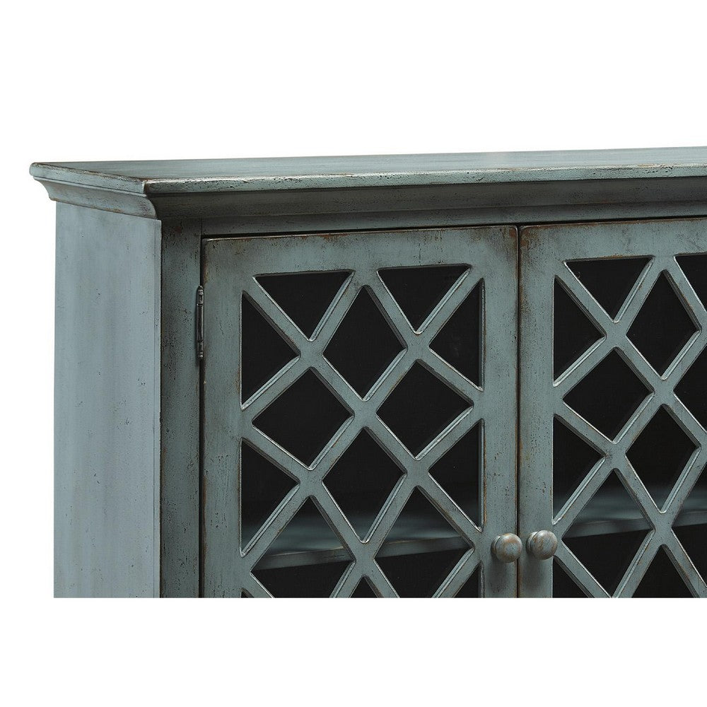 Cabinet | 4 Door | Lattice Glass | Bun Feet | Teal Blue