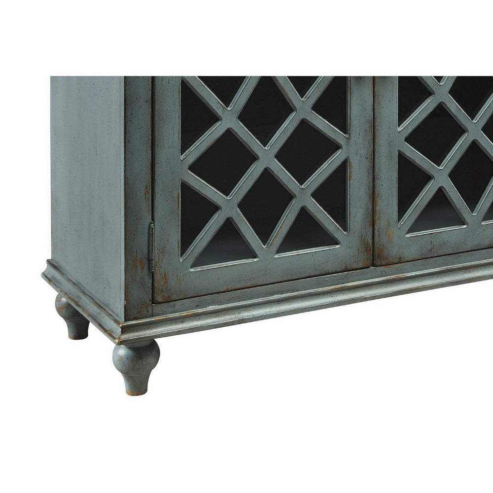 Cabinet | 4 Door | Lattice Glass | Bun Feet | Teal Blue