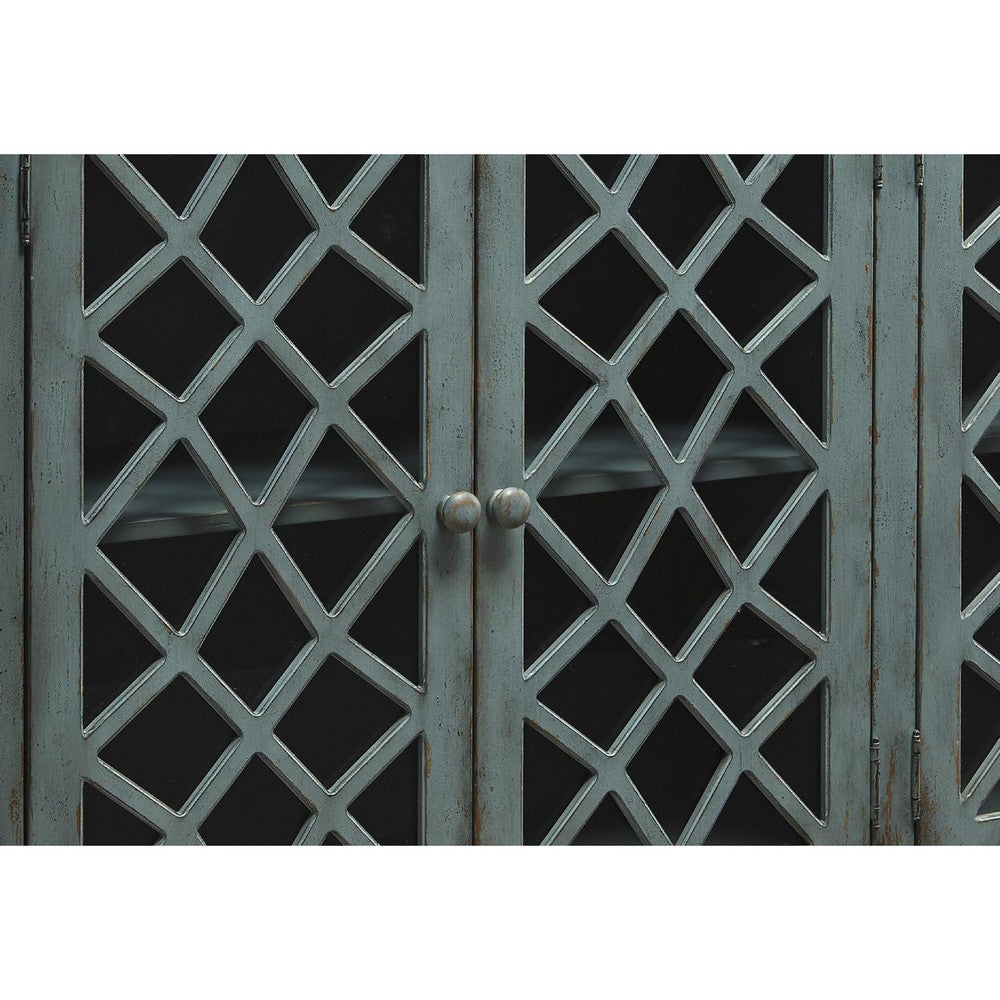Cabinet | 4 Door | Lattice Glass | Bun Feet | Teal Blue