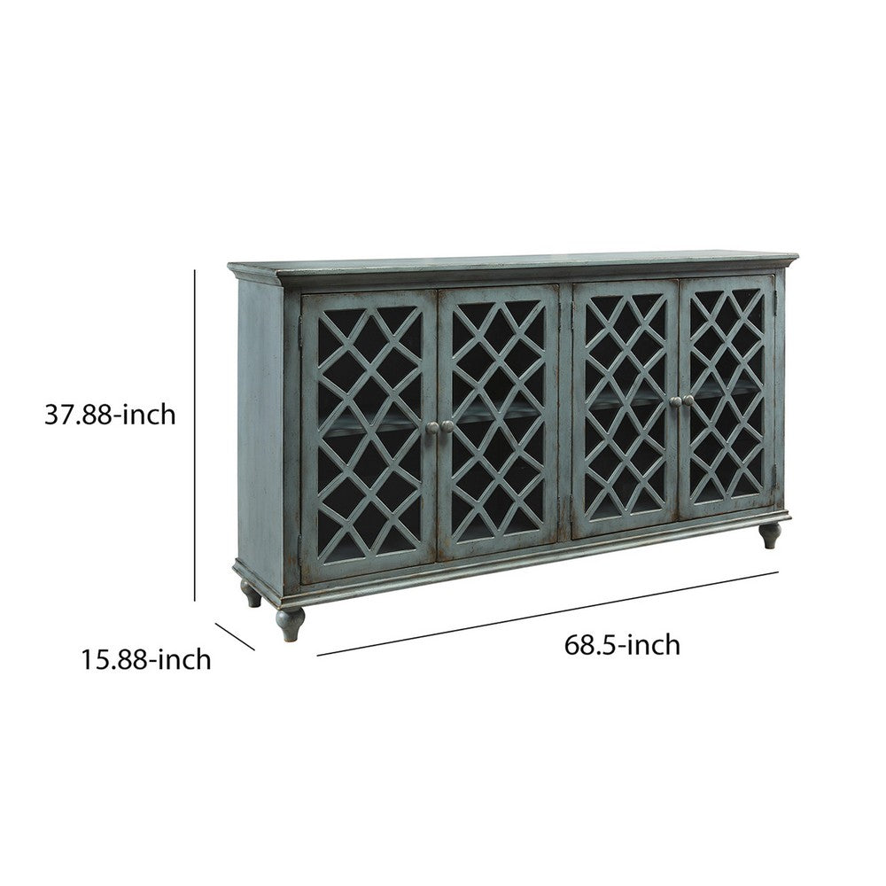 Cabinet | 4 Door | Lattice Glass | Bun Feet | Teal Blue