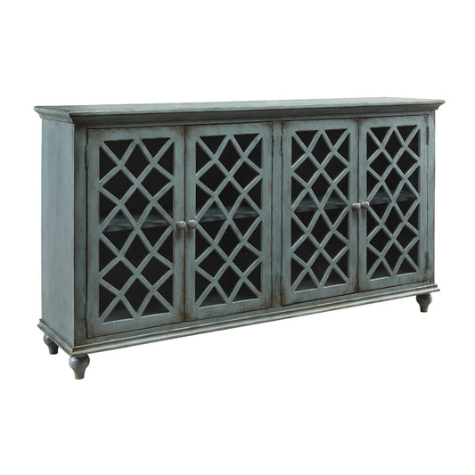 Cabinet | 4 Door | Lattice Glass | Bun Feet | Teal Blue