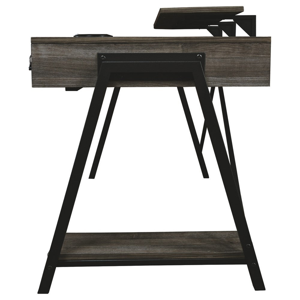LED Back Light Wooden Gaming Desk with Can Cooler and USB Port, Taupe Gray By Casagear Home