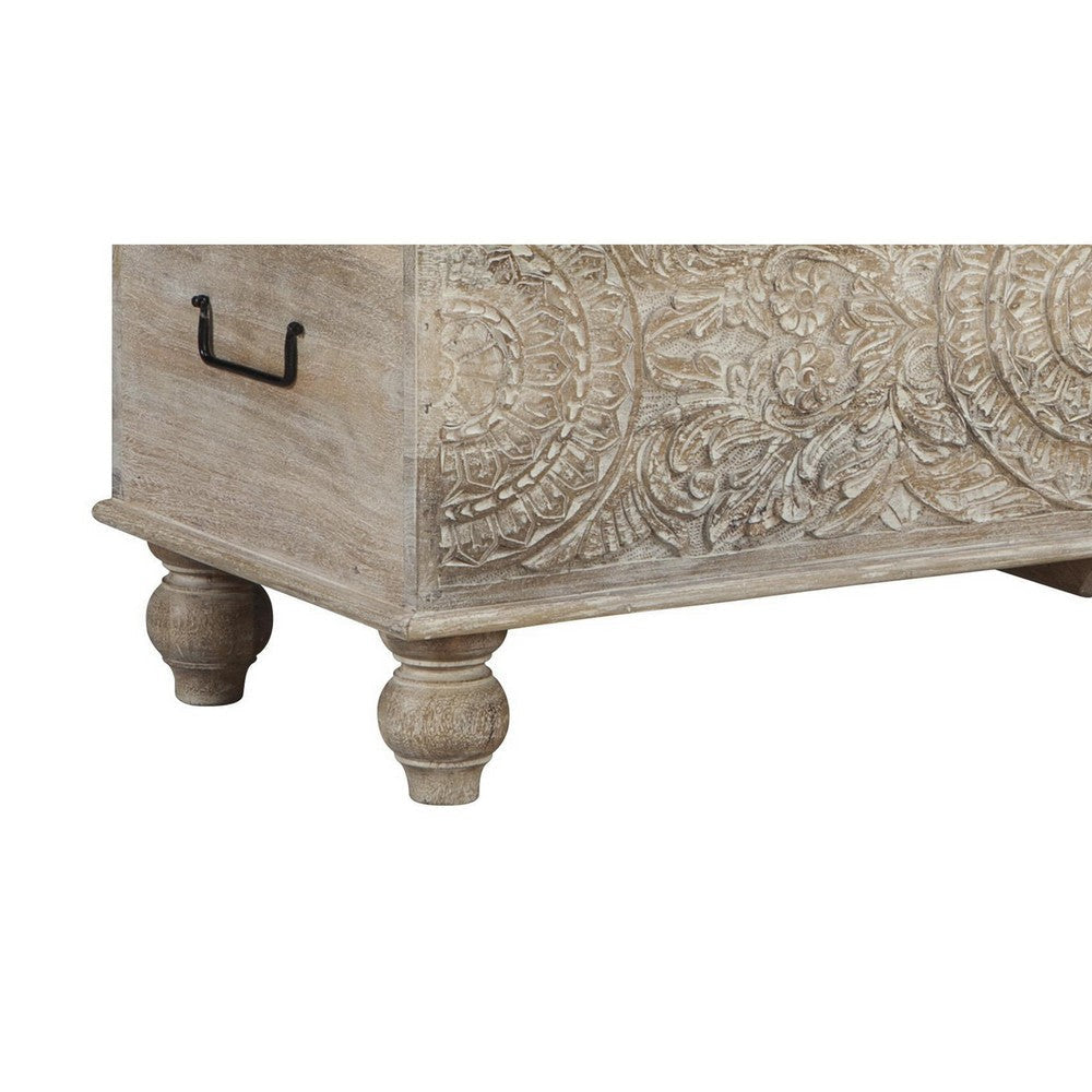 Medallion Pattern Wooden Storage Bench Hinged Opening Antique White Black By Casagear Home BM210821