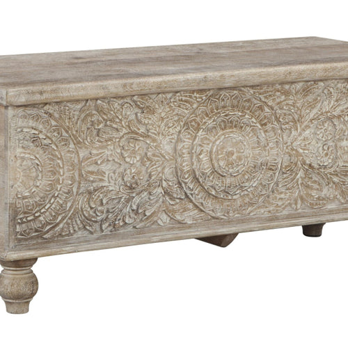 Storage Bench | Wood | Medallion Pattern | Hinged Top | Antique White