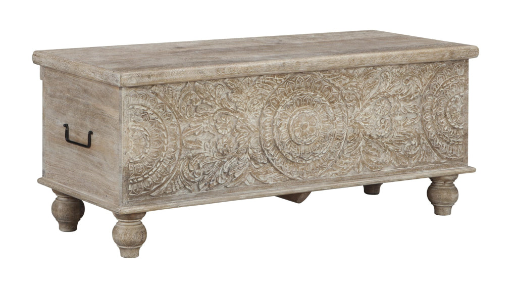 Medallion Pattern Wooden Storage Bench, Hinged Opening, Antique White, Black By Casagear Home