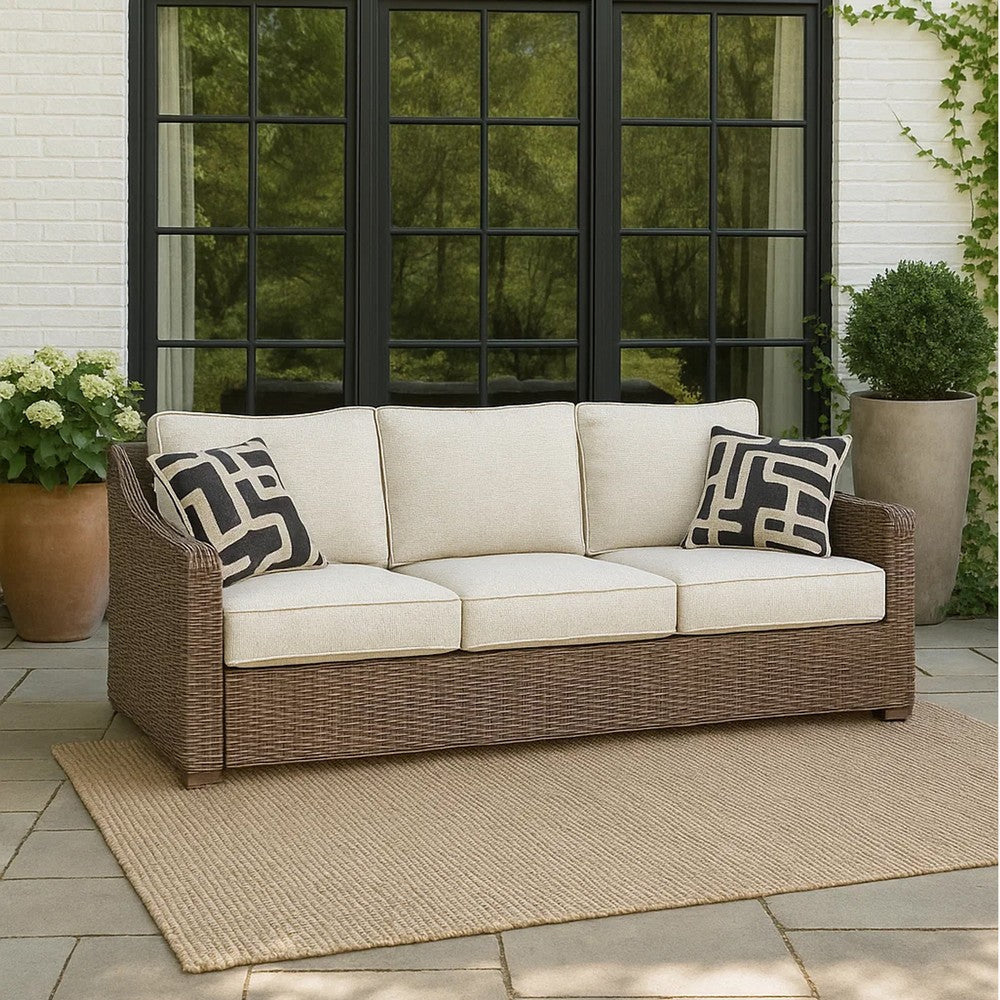 Ashley Sofa | Wicker Woven | Metal Frame | Fabric Cushions | Beige & Brown BM210822