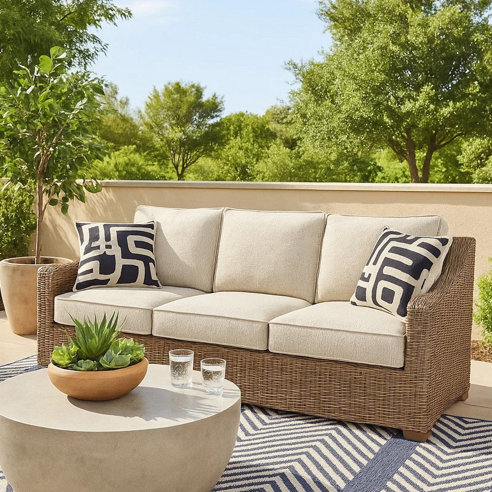 Ashley Sofa | Wicker Woven | Metal Frame | Fabric Cushions | Beige & Brown