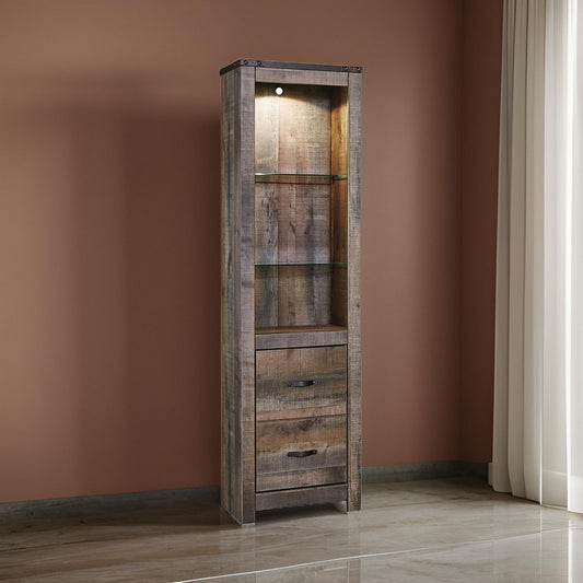 Tall Wooden Pier with 1 Door Cabinet and 2 Adjustable Glass Shelves, Brown By Casagear Home