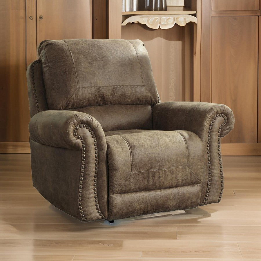 Top Pillow Back Rocker Recliner with Nailhead Trims, Light Brown By Casagear Home