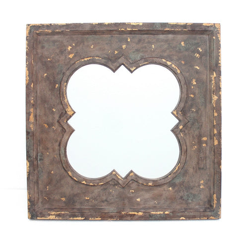 Quatrefoil Pattern Wood Mirror with Distressed Finish, Silver and Brown