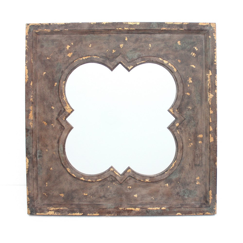 Quatrefoil Pattern Wood Mirror with Distressed Finish, Silver and Brown