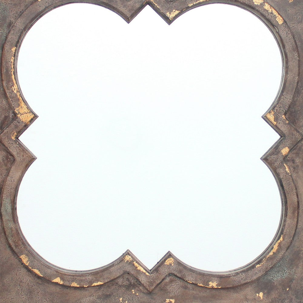 Quatrefoil Pattern Wood Mirror with Distressed Finish Silver and Brown BM211046