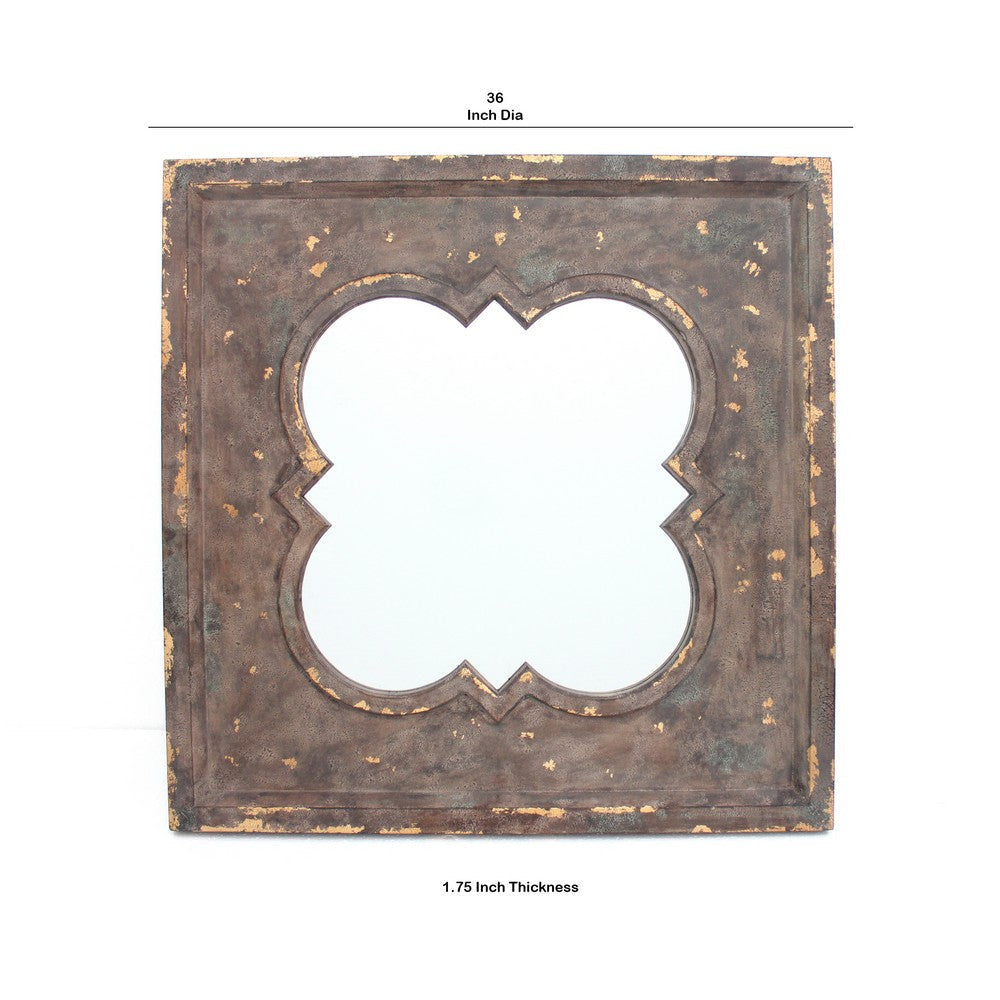 Quatrefoil Pattern Wood Mirror with Distressed Finish Silver and Brown BM211046