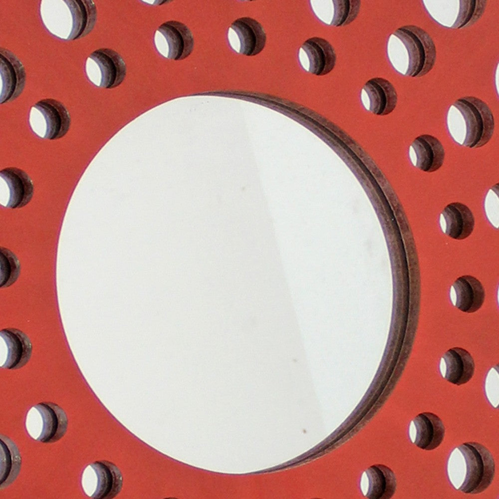 Contemporary Wooden Round Wall Decor with Circle Cut Outs, Red and Silver
