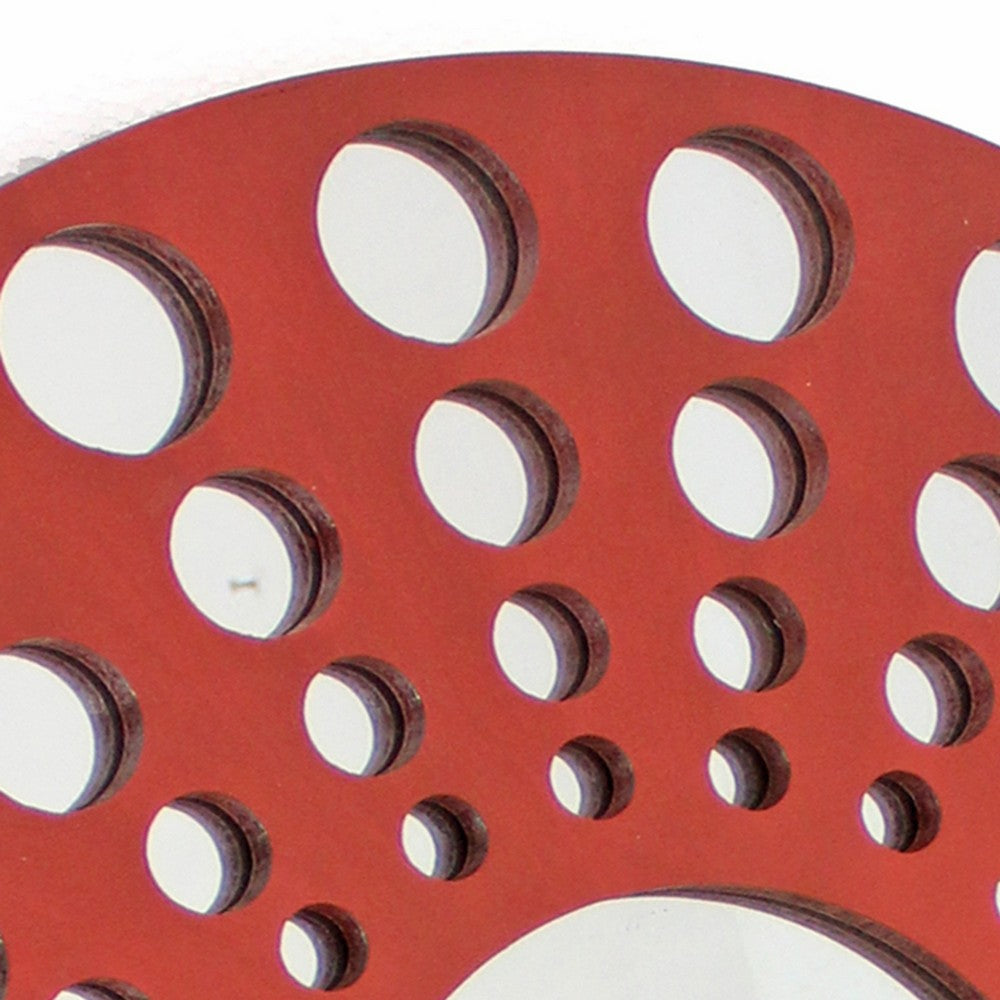 Contemporary Wooden Round Wall Decor with Circle Cut Outs, Red and Silver