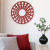 Contemporary Wooden Round Wall Decor with Circle Cut Outs, Red and Silver