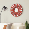 Contemporary Wooden Round Wall Decor with Circle Cut Outs, Red and Silver