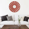 Contemporary Wooden Round Wall Decor with Circle Cut Outs, Red and Silver