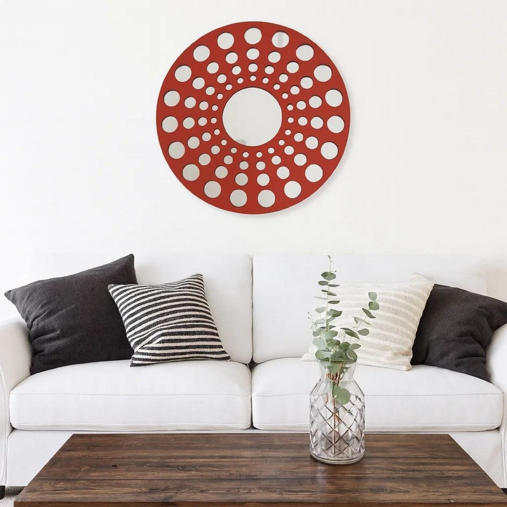 Contemporary Wooden Round Wall Decor with Circle Cut Outs, Red and Silver