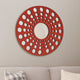 Contemporary Wooden Round Wall Decor with Circle Cut Outs, Red and Silver