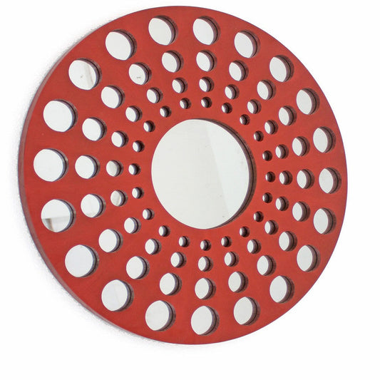 Contemporary Wooden Round Wall Decor with Circle Cut Outs, Red and Silver