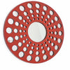 Contemporary Wooden Round Wall Decor with Circle Cut Outs, Red and Silver