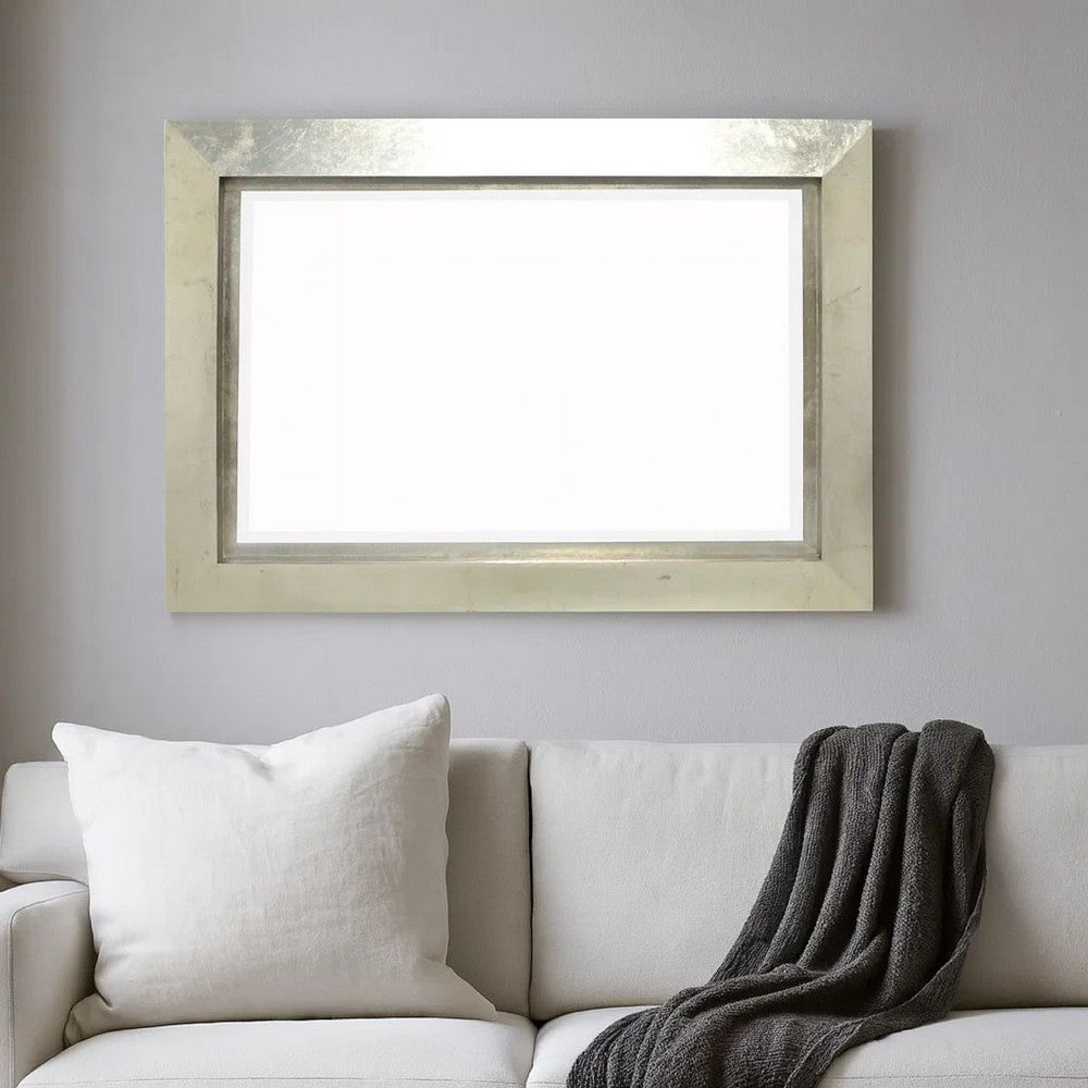 Contemporary Style Rectangular Wooden Frame Wall Mirror, Silver