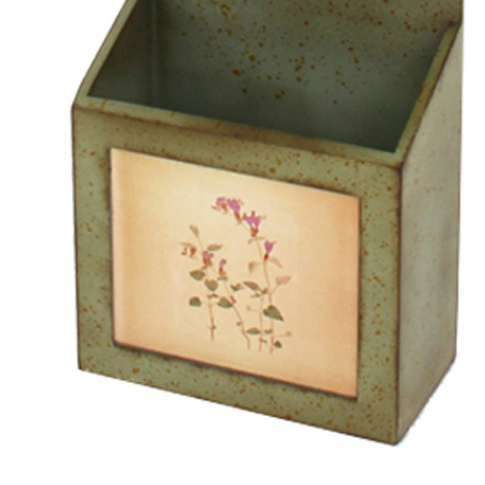 Rustic Wooden Wall Organizer with 3 Box Slots and Floral Pattern Green BM211065