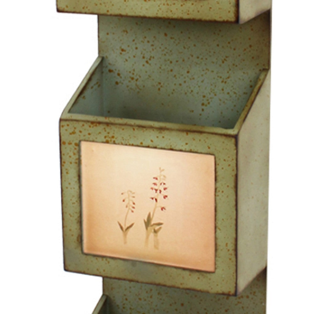 Rustic Wooden Wall Organizer with 3 Box Slots and Floral Pattern Green BM211065