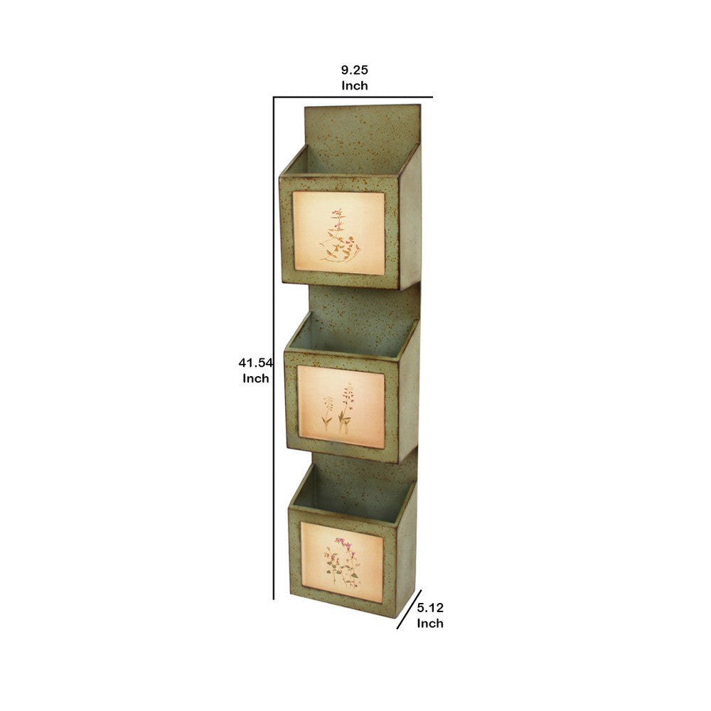 Rustic Wooden Wall Organizer with 3 Box Slots and Floral Pattern Green BM211065