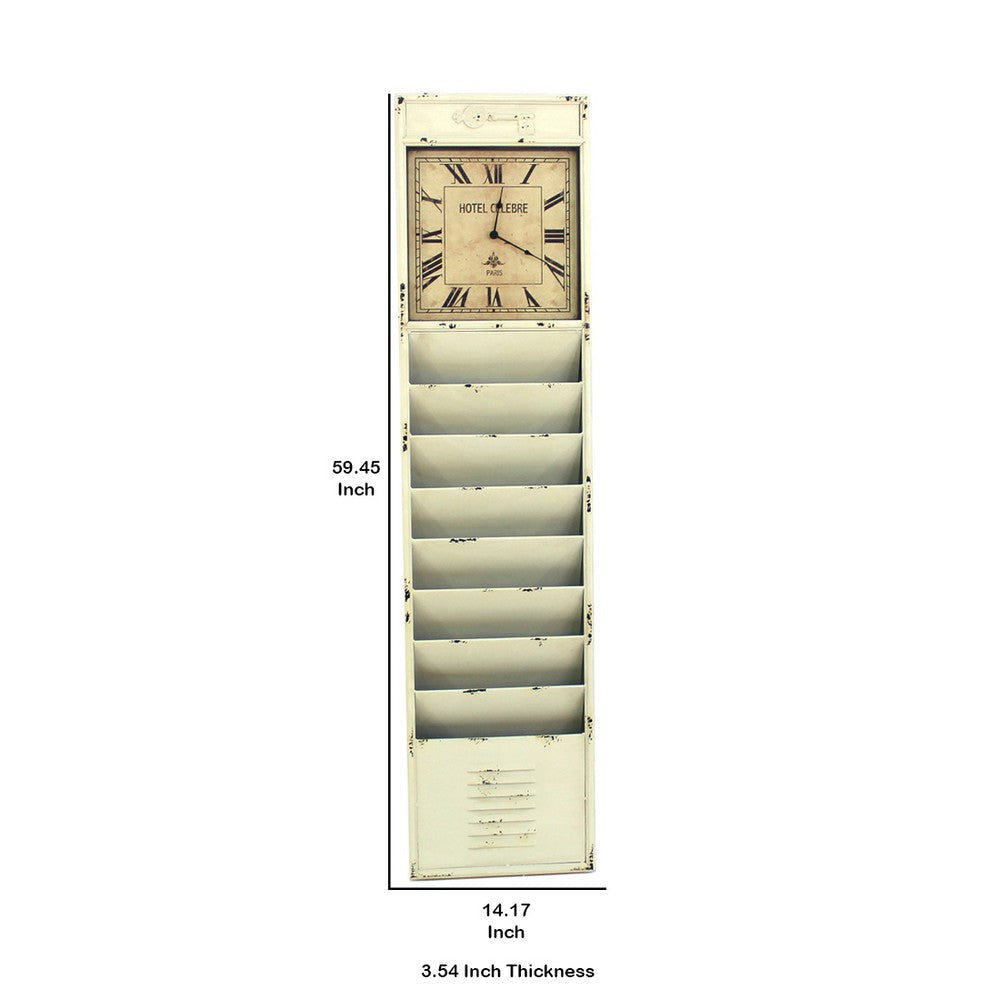 Antique Rustic Style Clock Design Wall Organizer with 6 Slots White BM211068
