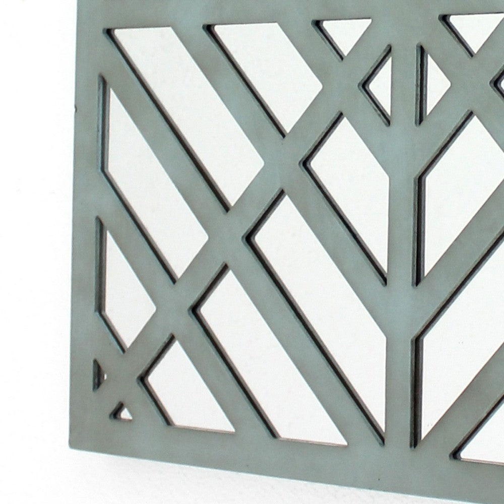 Contemporary Mirrored Wall Decor with Geometric Overlay on Top, Blue and Silver