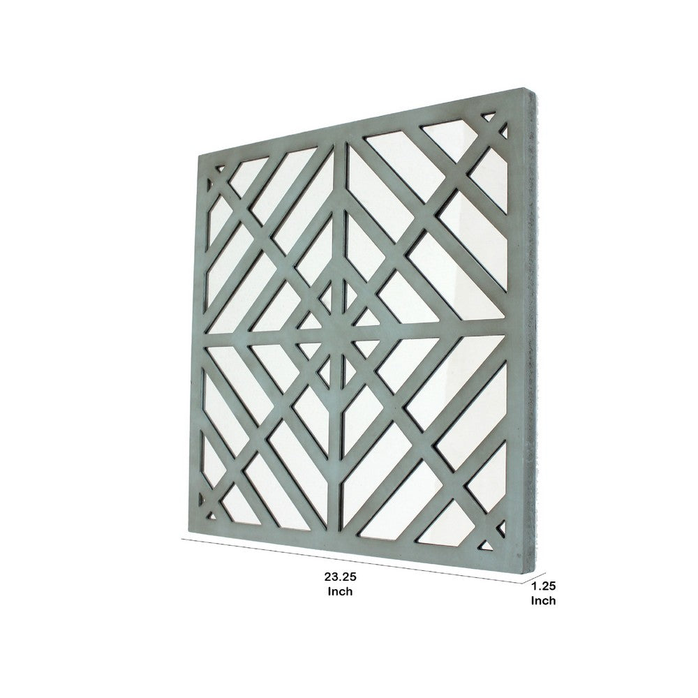 Contemporary Mirrored Wall Decor with Geometric Overlay on Top, Blue and Silver