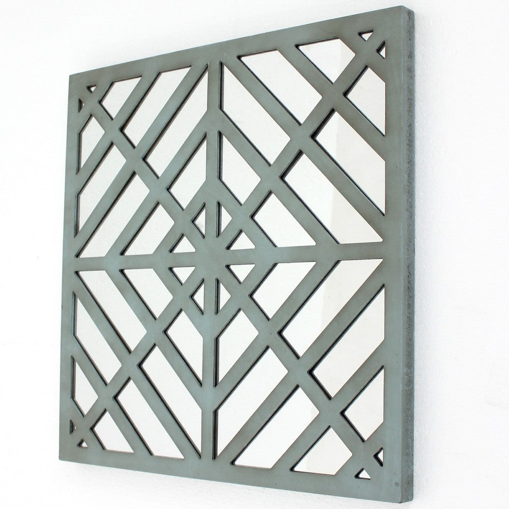Contemporary Mirrored Wall Decor with Geometric Overlay on Top, Blue and Silver