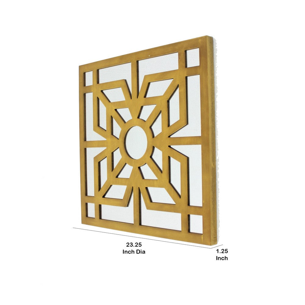 Mirrored Wall Decor with Wooden Floral Overlay on Top Gold and Silver BM211073