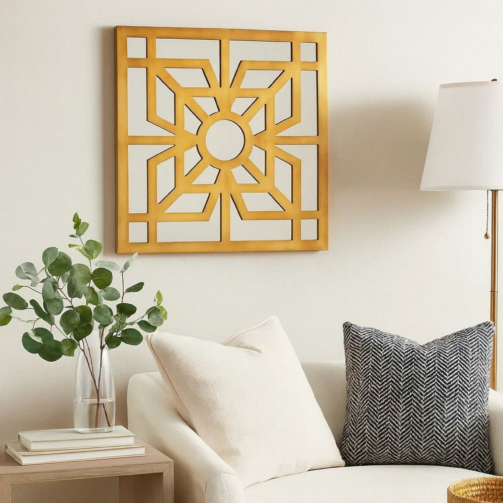 Mirrored Wall Decor with Wooden Floral Overlay on Top, Gold and Silver